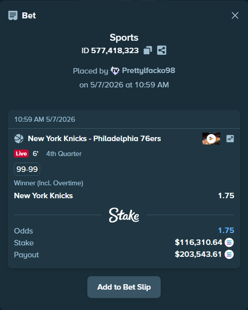 Bet slip: New York Knicks - Philadelphia 76ers, $97,055.64 stake at 1.75 odds, placed by Prettylfacko98