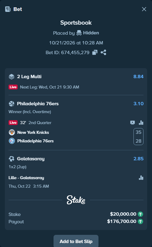 Bet slip: New York Knicks - Philadelphia 76ers, $20,020.00 stake at 3.10 odds, placed by Amineelantari