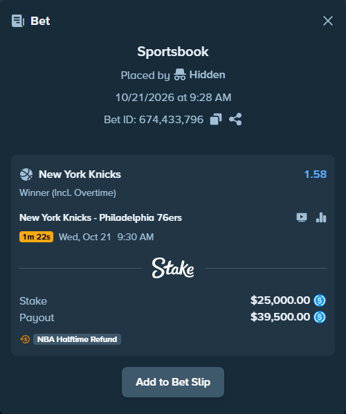 Bet slip: New York Knicks - Philadelphia 76ers, $25,000.00 stake at 1.58 odds, placed by dumanskyi