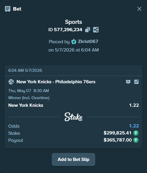 Bet slip: New York Knicks - Philadelphia 76ers, $299,825.41 stake at 1.22 odds, placed by Zkrist067