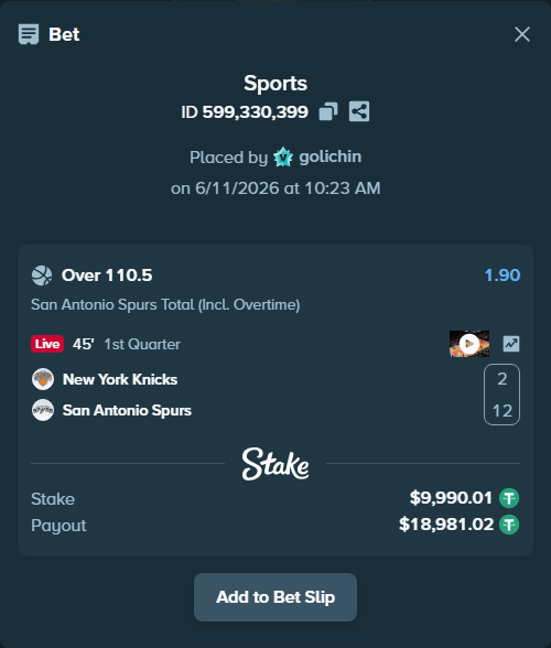 Bet slip: New York Knicks - San Antonio Spurs, $10,000.00 stake at 1.90 odds, placed by golichin
