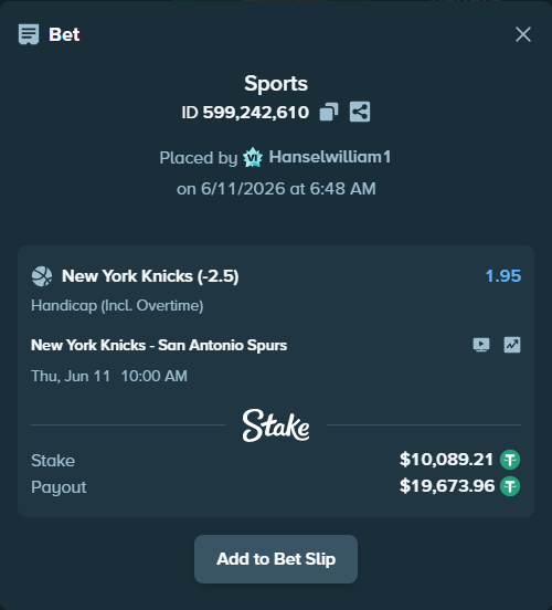Bet slip: New York Knicks - San Antonio Spurs, $10,099.30 stake at 1.95 odds, placed by Hanselwilliam1
