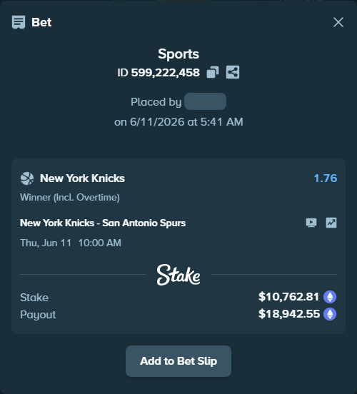 Bet slip: New York Knicks - San Antonio Spurs, $12,584.64 stake at 1.76 odds, placed by ufos