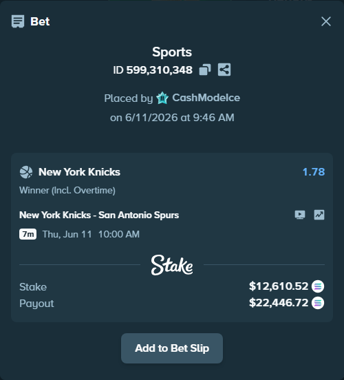 Bet slip: New York Knicks - San Antonio Spurs, $14,460.89 stake at 1.78 odds, placed by CashModeIce