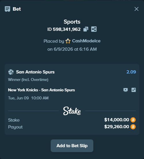Bet slip: New York Knicks - San Antonio Spurs, $14,237.47 stake at 2.09 odds, placed by CashModeIce