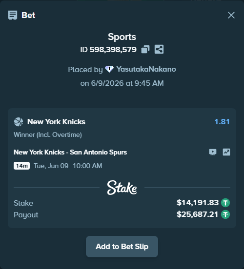 Bet slip: New York Knicks - San Antonio Spurs, $14,191.83 stake at 1.81 odds, placed by YasutakaNakano