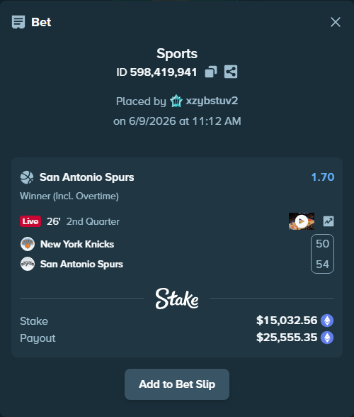 Bet slip: New York Knicks - San Antonio Spurs, $17,128.12 stake at 1.70 odds, placed by xzybstuv2