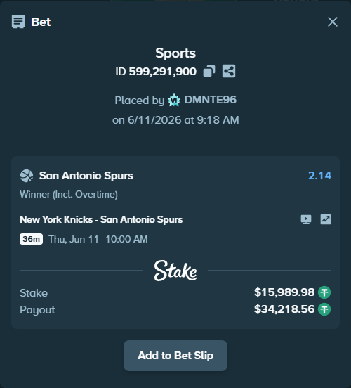 Bet slip: New York Knicks - San Antonio Spurs, $16,005.97 stake at 2.14 odds, placed by DMNTE96