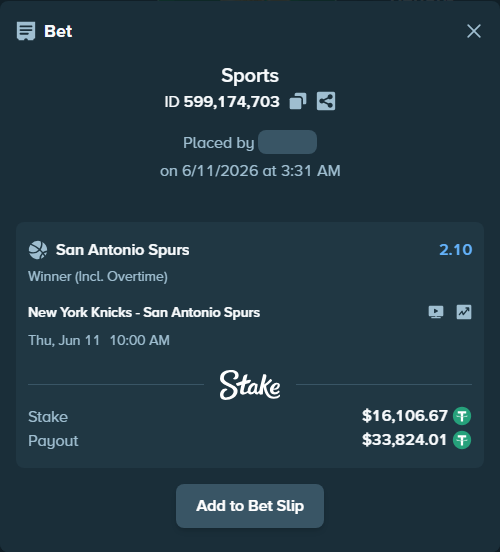Bet slip: New York Knicks - San Antonio Spurs, $16,122.78 stake at 2.10 odds, placed by mkunerth