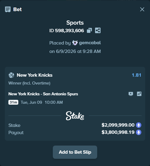 Bet slip: New York Knicks - San Antonio Spurs, $2,145,907.76 stake at 1.81 odds, placed by gemcabal