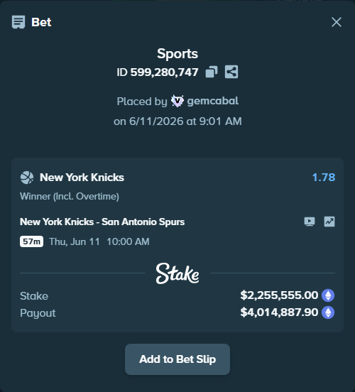 Bet slip: New York Knicks - San Antonio Spurs, $2,417,917.03 stake at 1.78 odds, placed by gemcabal