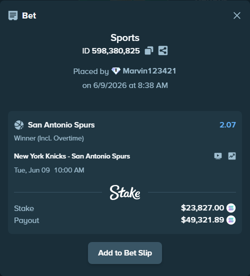 Bet slip: New York Knicks - San Antonio Spurs, $26,079.68 stake at 2.07 odds, placed by Marvin123421