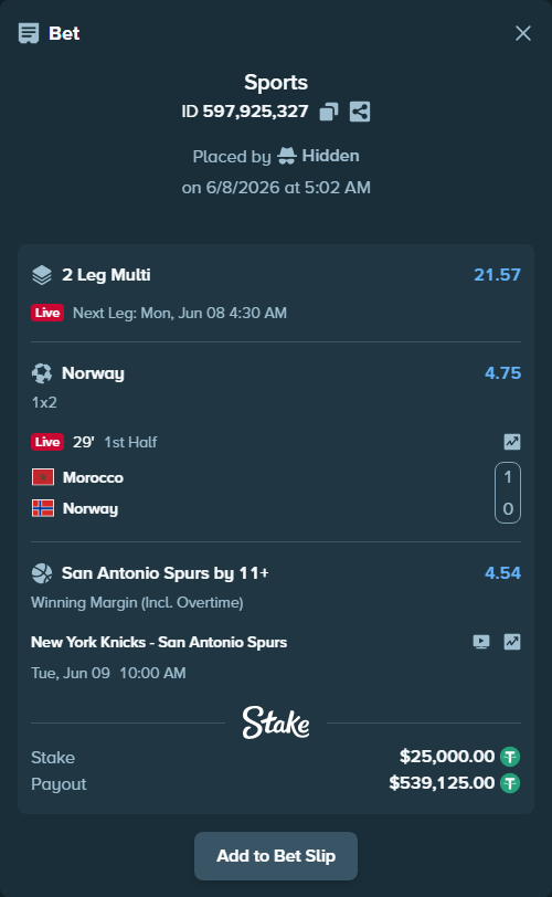 Bet slip: New York Knicks - San Antonio Spurs, $25,000.00 stake at 4.54 odds, placed by Hidden
