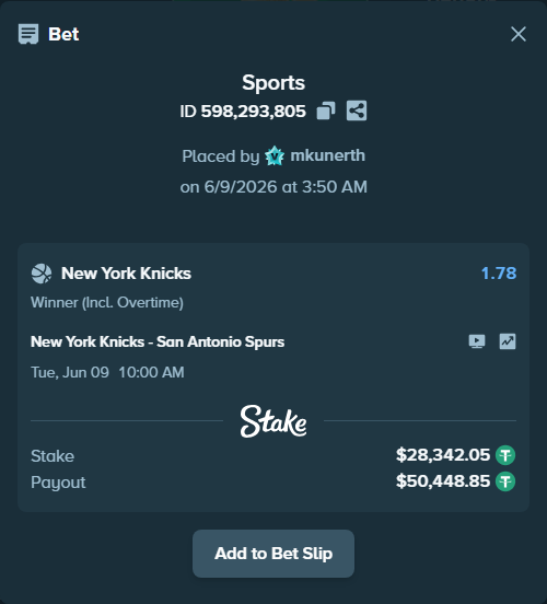 Bet slip: New York Knicks - San Antonio Spurs, $28,342.05 stake at 1.78 odds, placed by mkunerth