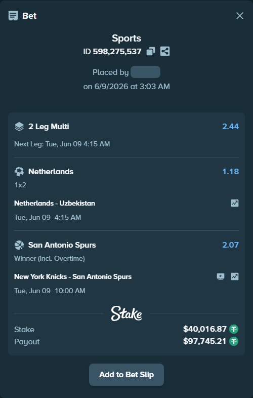 Bet slip: New York Knicks - San Antonio Spurs, $40,016.87 stake at 2.07 odds, placed by Rosspicks