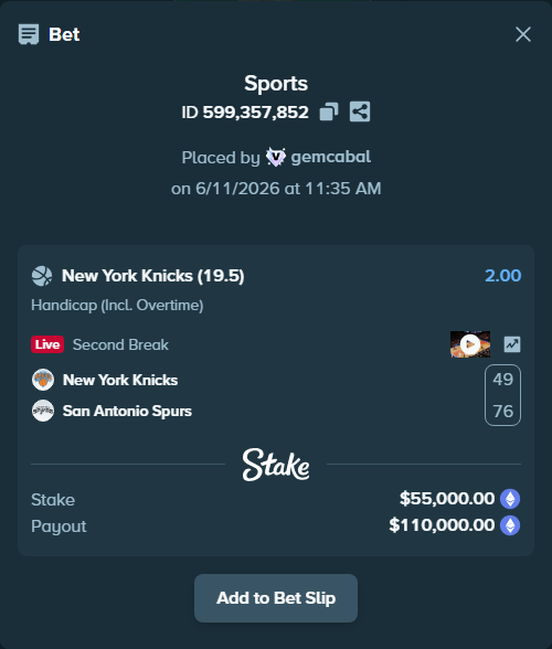Bet slip: New York Knicks - San Antonio Spurs, $58,024.28 stake at 2.00 odds, placed by gemcabal