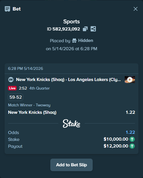 Bet slip: New York Knicks (Shaq) - Los Angeles Lakers (Clyde), $10,000.00 stake at 1.22 odds, placed by Hidden