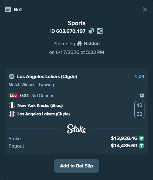 Bet slip: New York Knicks (Shaq) - Los Angeles Lakers (Clyde), $13,942.39 stake at 1.04 odds, placed by Hidden