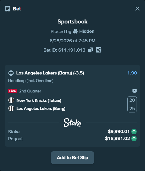 Bet slip: New York Knicks (Tatum) - Los Angeles Lakers (Barry), $10,000.00 stake at 1.90 odds, placed by Hidden