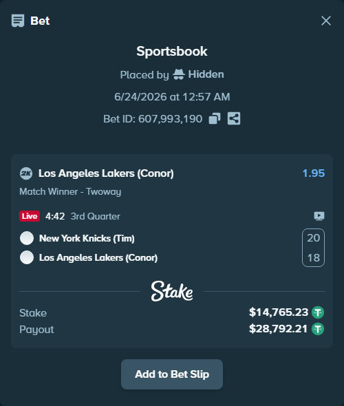 Bet slip: New York Knicks (Tim) - Los Angeles Lakers (Conor), $14,780.00 stake at 1.95 odds, placed by Hidden