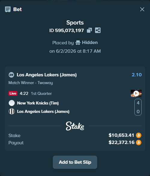 Bet slip: New York Knicks (Tim) - Los Angeles Lakers (James), $9,649.50 stake at 2.10 odds, placed by Hidden