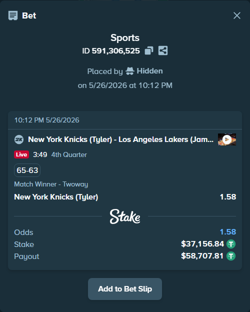 Bet slip: New York Knicks (Tyler) - Los Angeles Lakers (James), $37,194.00 stake at 1.58 odds, placed by Hidden