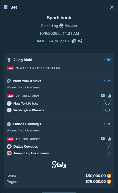 Bet slip: New York Knicks - Washington Wizards, $50,079.40 stake at 1.25 odds, placed by Hidden