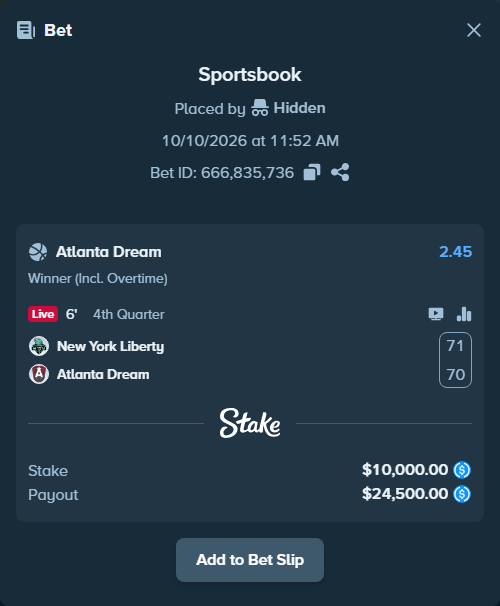 Bet slip: New York Liberty - Atlanta Dream, $10,000.00 stake at 2.45 odds, placed by Hidden