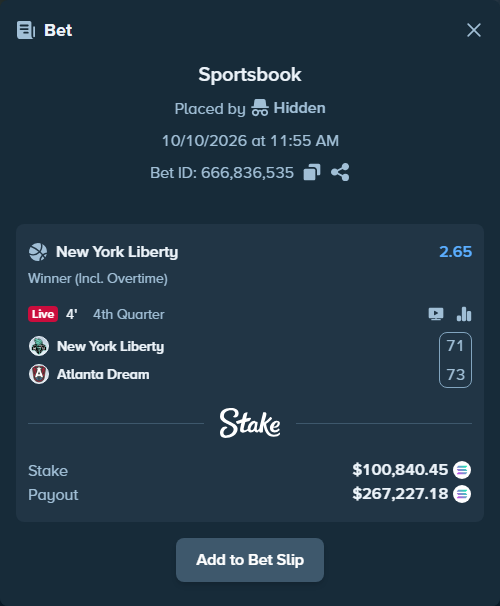 Bet slip: New York Liberty - Atlanta Dream, $101,161.95 stake at 2.65 odds, placed by Prettylfacko98