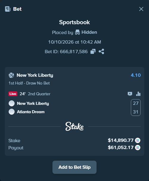 Bet slip: New York Liberty - Atlanta Dream, $14,946.09 stake at 4.10 odds, placed by Prettylfacko98