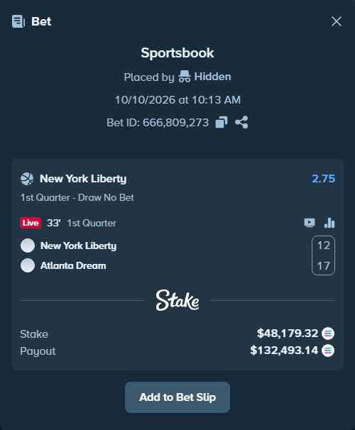 Bet slip: New York Liberty - Atlanta Dream, $48,358.31 stake at 2.75 odds, placed by Prettylfacko98