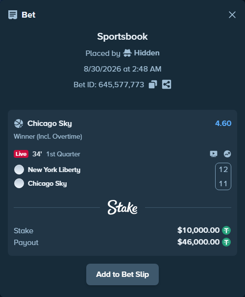 Bet slip: New York Liberty - Chicago Sky, $10,000.00 stake at 4.60 odds, placed by Hidden