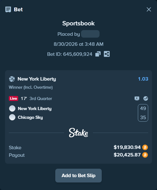 Bet slip: New York Liberty - Chicago Sky, $19,857.84 stake at 1.03 odds, placed by Savagepo