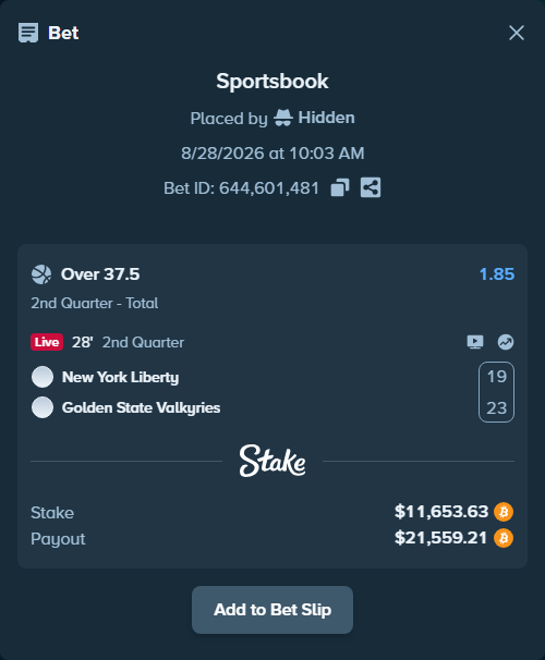 Bet slip: New York Liberty - Golden State Valkyries, $11,678.32 stake at 1.85 odds, placed by Hidden