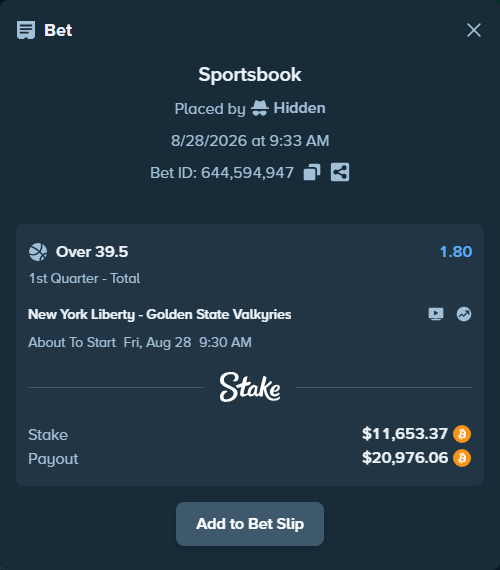 Bet slip: New York Liberty - Golden State Valkyries, $11,731.22 stake at 1.80 odds, placed by Hidden