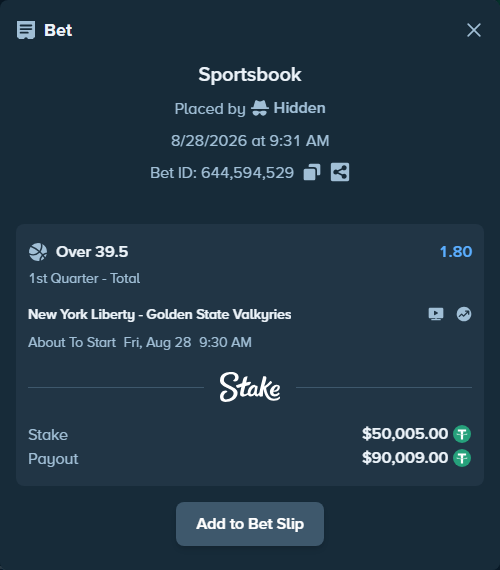 Bet slip: New York Liberty - Golden State Valkyries, $50,000.00 stake at 1.80 odds, placed by Hidden