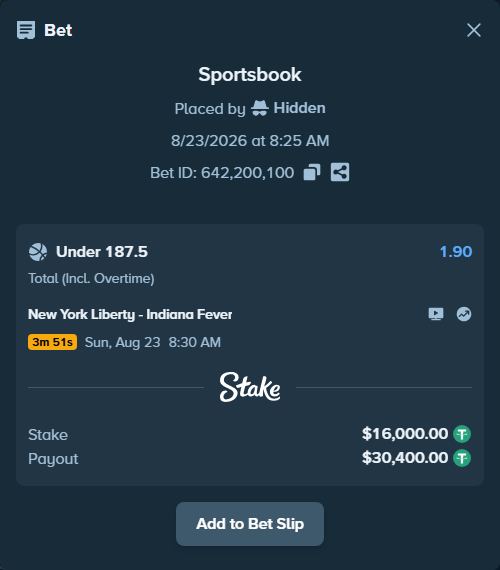 Bet slip: New York Liberty - Indiana Fever, $16,000.00 stake at 1.90 odds, placed by Hidden