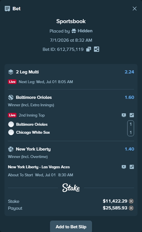 Bet slip: New York Liberty - Las Vegas Aces, $12,876.29 stake at 1.40 odds, placed by Hidden