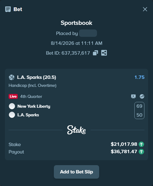 Bet slip: New York Liberty - Los Angeles Sparks, $21,039.00 stake at 1.75 odds, placed by xx520