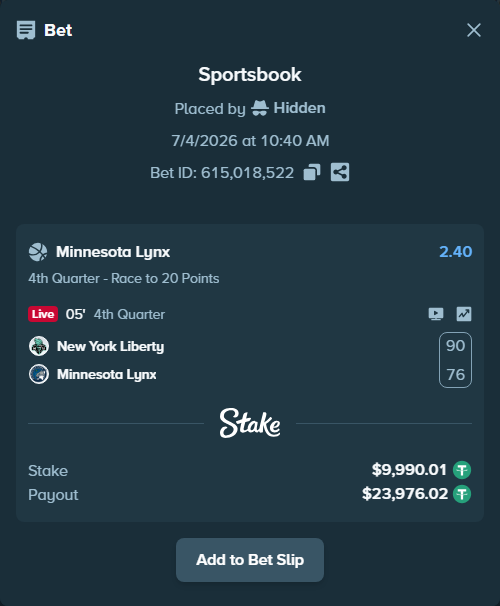 Bet slip: New York Liberty - Minnesota Lynx, $10,000.00 stake at 2.40 odds, placed by Hidden