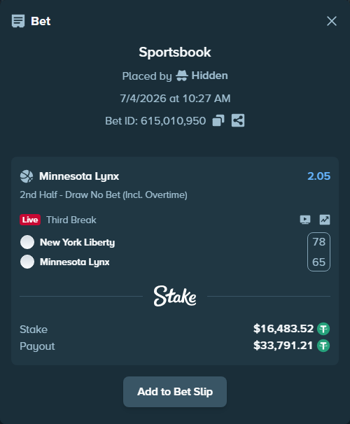Bet slip: New York Liberty - Minnesota Lynx, $16,500.00 stake at 2.05 odds, placed by Hidden