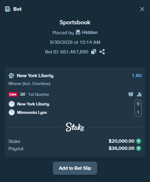 Bet slip: New York Liberty - Minnesota Lynx, $20,000.00 stake at 1.80 odds, placed by Hidden