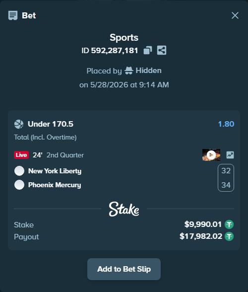 Bet slip: New York Liberty - Phoenix Mercury, $10,000.00 stake at 1.80 odds, placed by Hidden