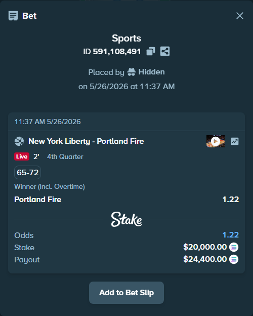 Bet slip: New York Liberty - Portland Fire, $17,456.90 stake at 1.22 odds, placed by Hidden