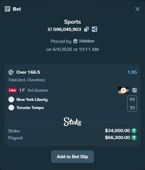 Bet slip: New York Liberty - Toronto Tempo, $34,034.00 stake at 1.95 odds, placed by Hidden