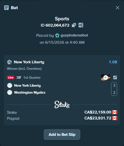 Bet slip: New York Liberty - Washington Mystics, $16,397.66 stake at 1.08 odds, placed by gurpindersahot