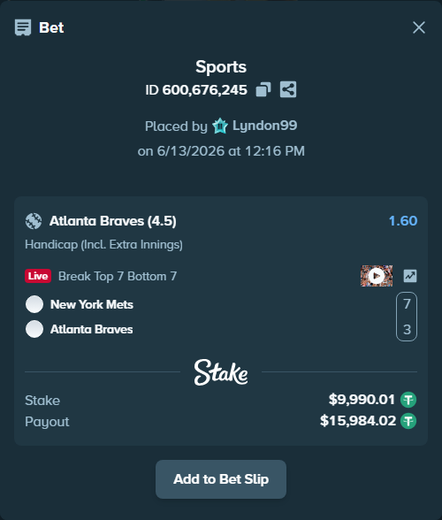 Bet slip: New York Mets - Atlanta Braves, $10,000.00 stake at 1.60 odds, placed by Lyndon99