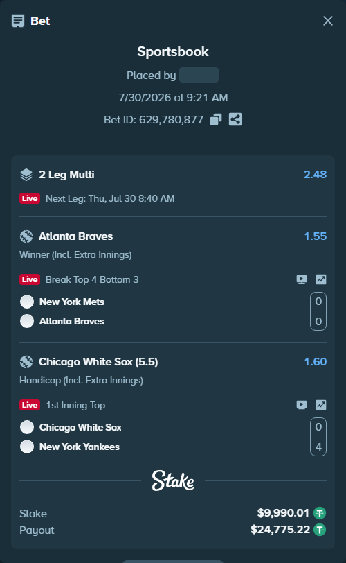 Bet slip: New York Mets - Atlanta Braves, $10,000.00 stake at 1.55 odds, placed by djawoals