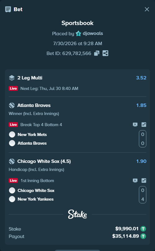 Bet slip: New York Mets - Atlanta Braves, $10,000.00 stake at 1.85 odds, placed by djawoals