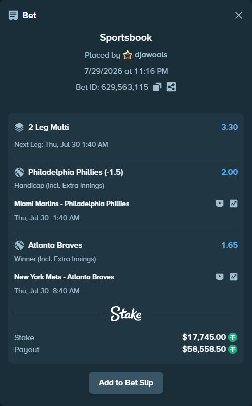 Bet slip: New York Mets - Atlanta Braves, $17,762.74 stake at 1.65 odds, placed by djawoals